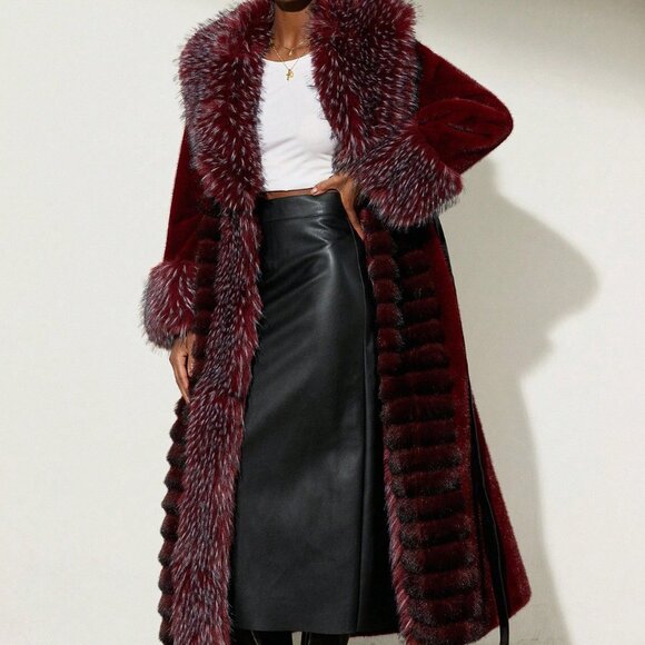 Burgundy Casual Slim Fit Women's Faux Fur Coat - Picture 5 of 7